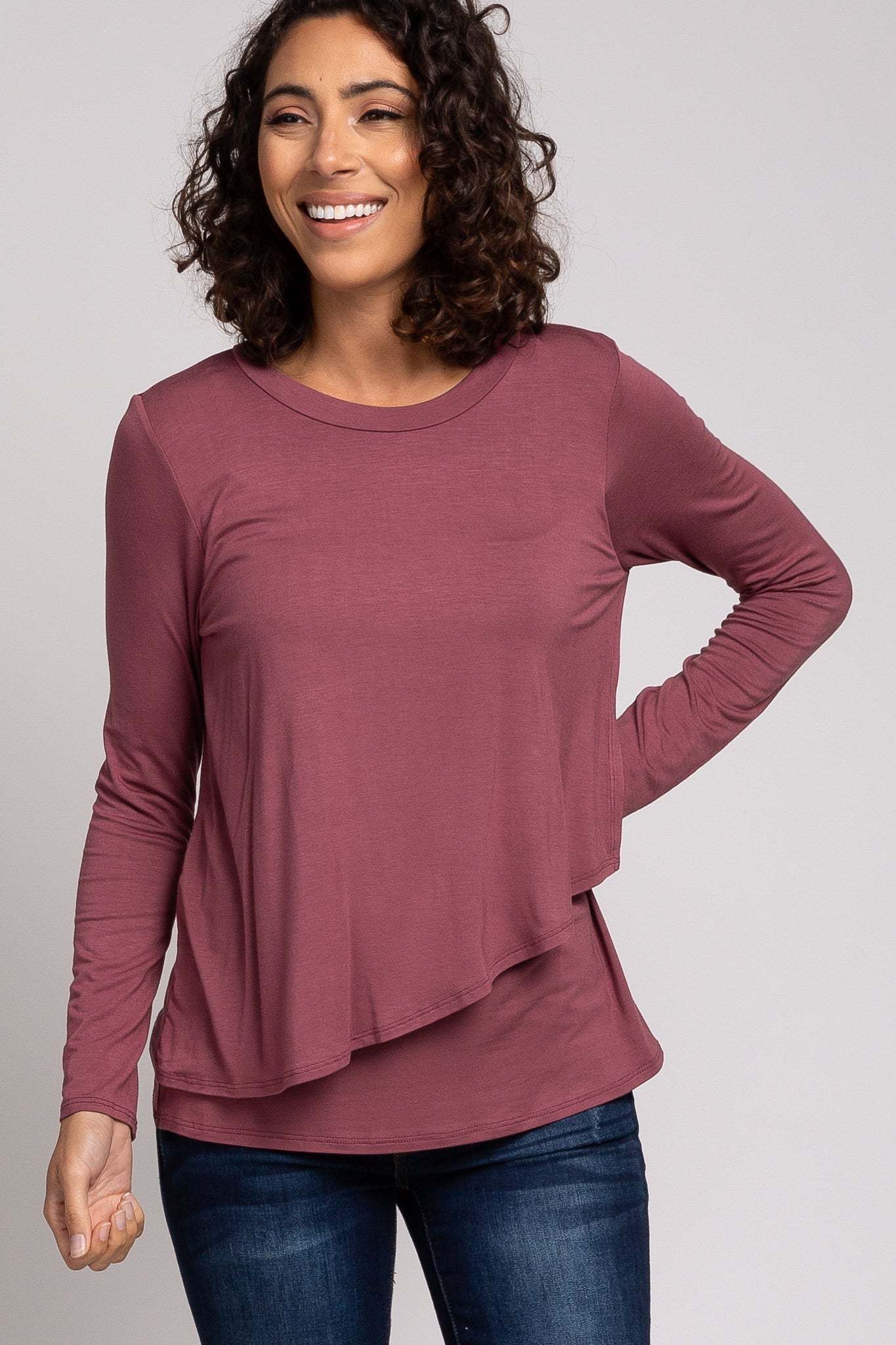 PinkBlush Mauve Solid Layered Front Long Sleeve Nursing Top