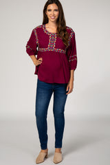 Burgundy Floral Embroidery 3/4 Puff Sleeve Maternity Blouse