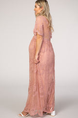 PinkBlush Light Pink Lace Mesh Overlay Maternity Maxi Dress