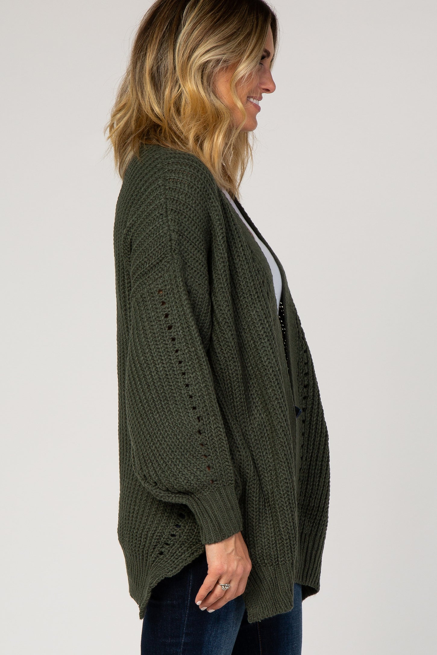 Olive Knit Open Front Bubble Sleeve Sweater