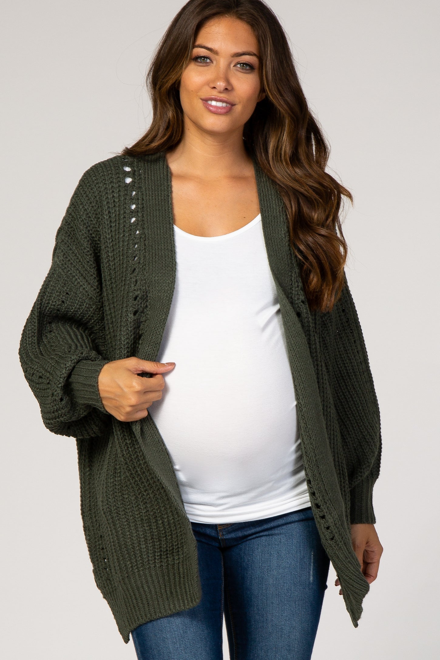 Olive Knit Open Front Bubble Sleeve Maternity Sweater