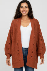Rust Knit Open Front Bubble Sleeve Sweater