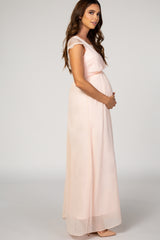 Light Pink Lace Trim Keyhole Back Maternity Maxi Dress