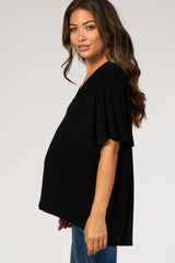Black Hi-Low Flowy Short Sleeve Maternity Top