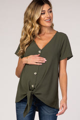 Light Olive Button Tie Front Maternity Top