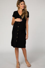 Black Button Down Short Sleeve Maternity Dress