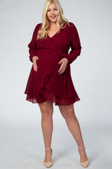 Burgundy Long Sleeve Double Layer Wrap Maternity Plus Dress