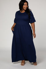 Navy Blue Ruffle Short Sleeve Maternity Plus Maxi Dress