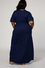 Navy Blue Ruffle Short Sleeve Plus Maxi Dress