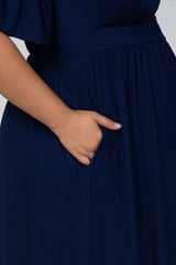 Navy Blue Ruffle Short Sleeve Maternity Plus Maxi Dress