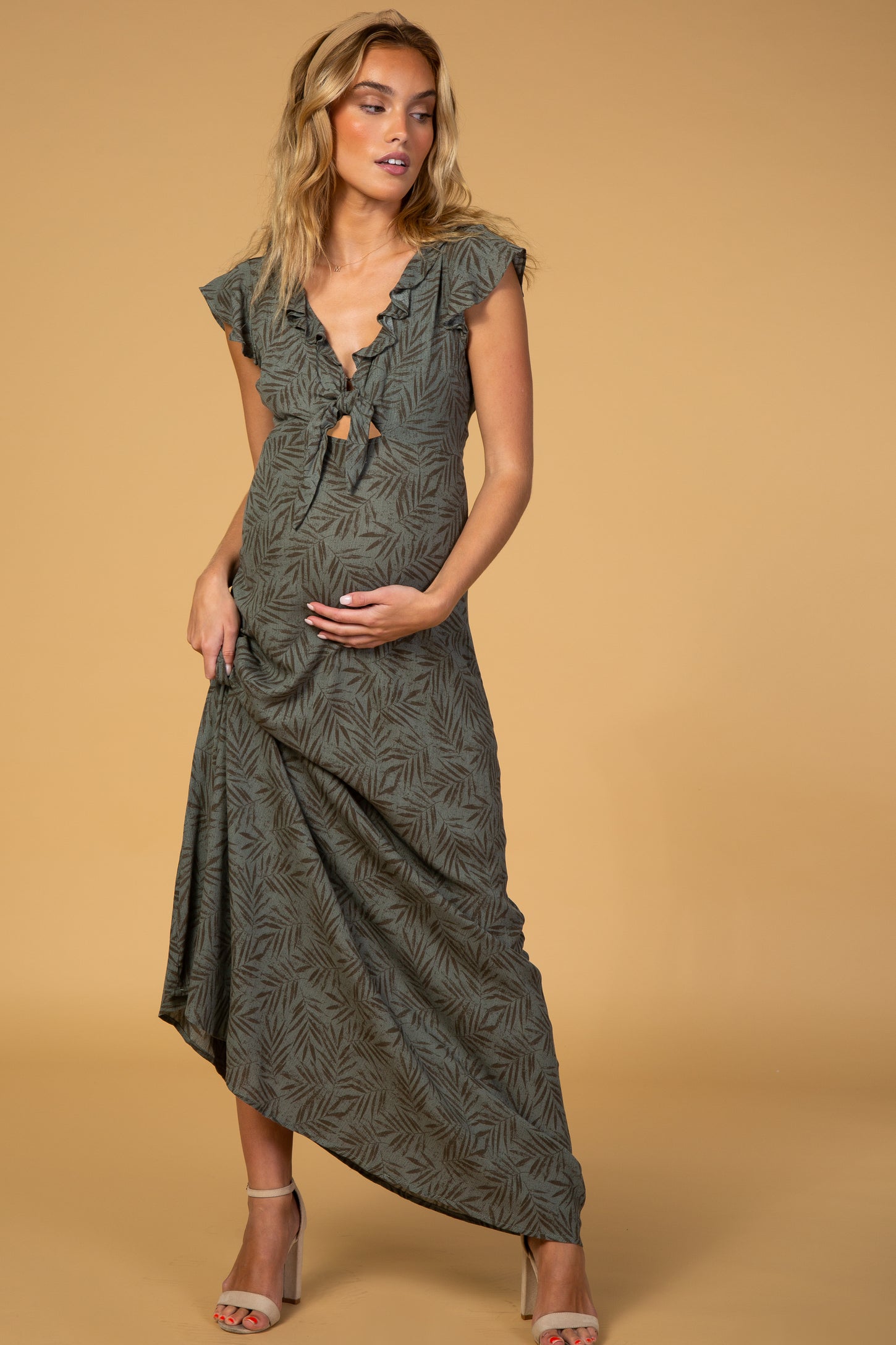 Olive Tie Front Maternity Maxi Dress