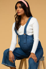 Blue Denim Cropped Frayed Hem Maternity Overalls