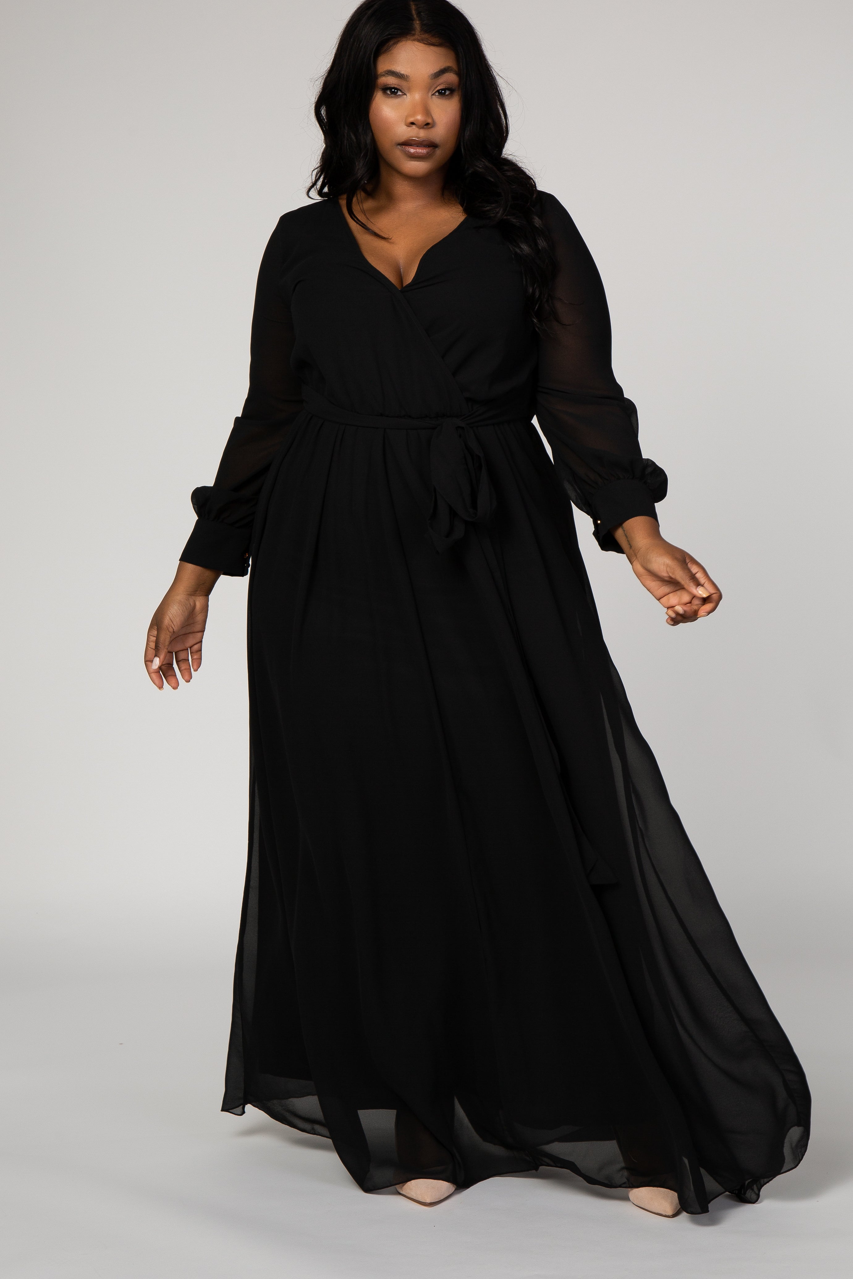 Black Chiffon Long Sleeve Pleated Plus Maxi Dress– PinkBlush