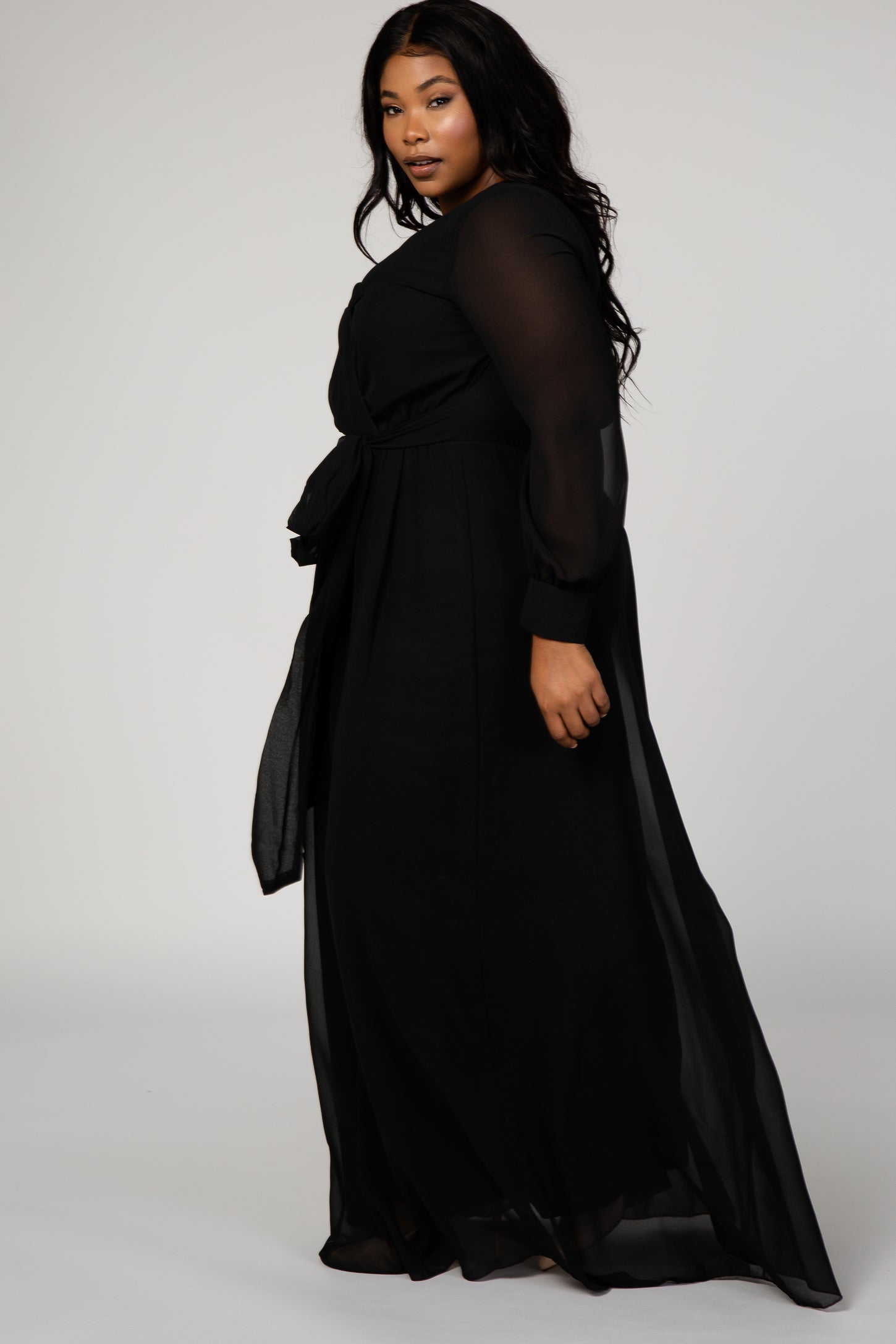 Black Chiffon Long Sleeve Pleated Plus Maxi Dress – PinkBlush