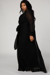 Black Chiffon Long Sleeve Pleated Plus Maxi Dress