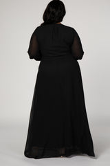 Black Chiffon Long Sleeve Pleated Plus Maxi Dress