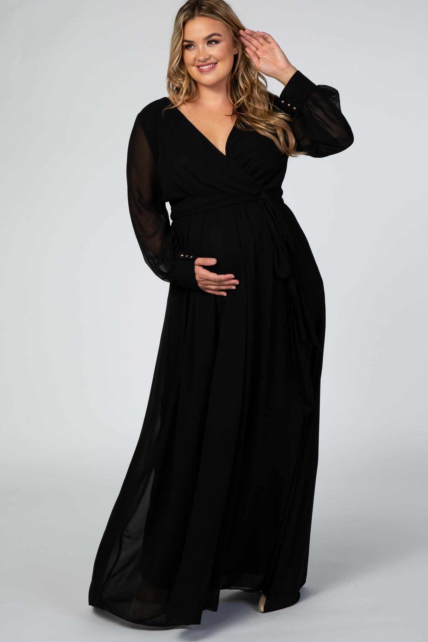 Black Chiffon Long Sleeve Pleated Plus Maternity Maxi Dress – PinkBlush