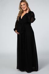 Black Chiffon Long Sleeve Pleated Plus Maternity Maxi Dress
