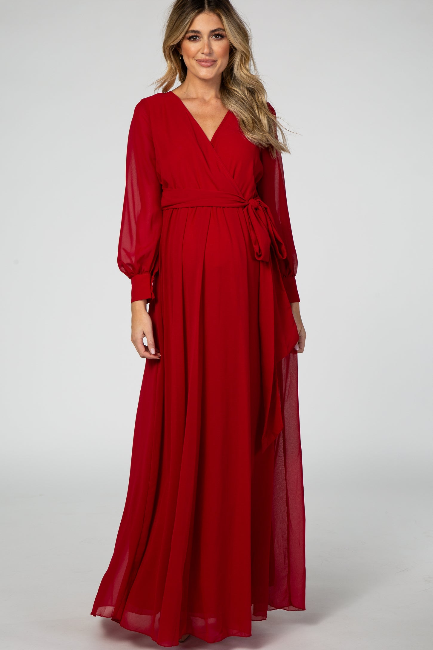 Red Chiffon Long Sleeve Pleated Maternity Maxi Dress– PinkBlush
