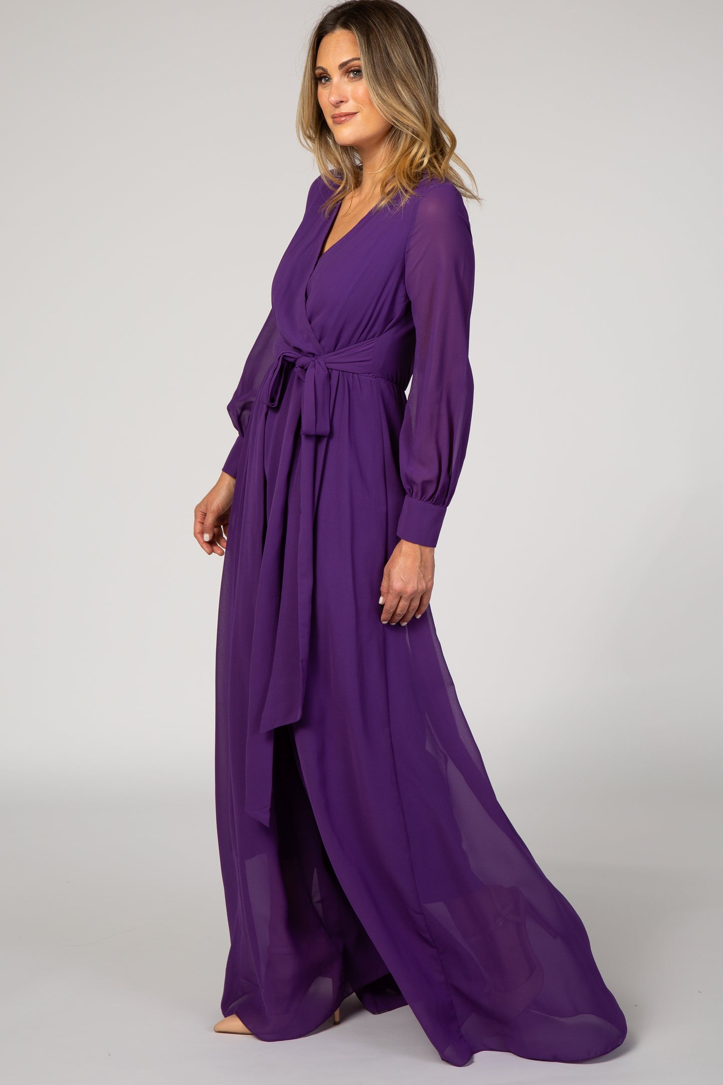 Purple Chiffon Long Sleeve Pleated Maxi Dress
