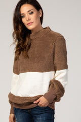 Brown Faux Fur Striped Bubble Sleeve Sweater