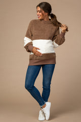 Brown Faux Fur Striped Bubble Sleeve Maternity Sweater