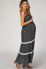 Black Floral Smocked Crochet Accent Maternity Maxi Dress