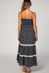 Black Floral Smocked Crochet Accent Maternity Maxi Dress