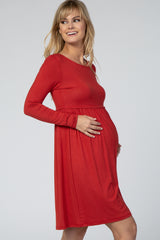 Rust Long Sleeve Pleated Maternity Dress