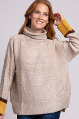 Beige Turtle Neck Colorblock Maternity Sweater