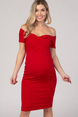 PinkBlush Red Solid Off Shoulder Maternity Fitted Dress