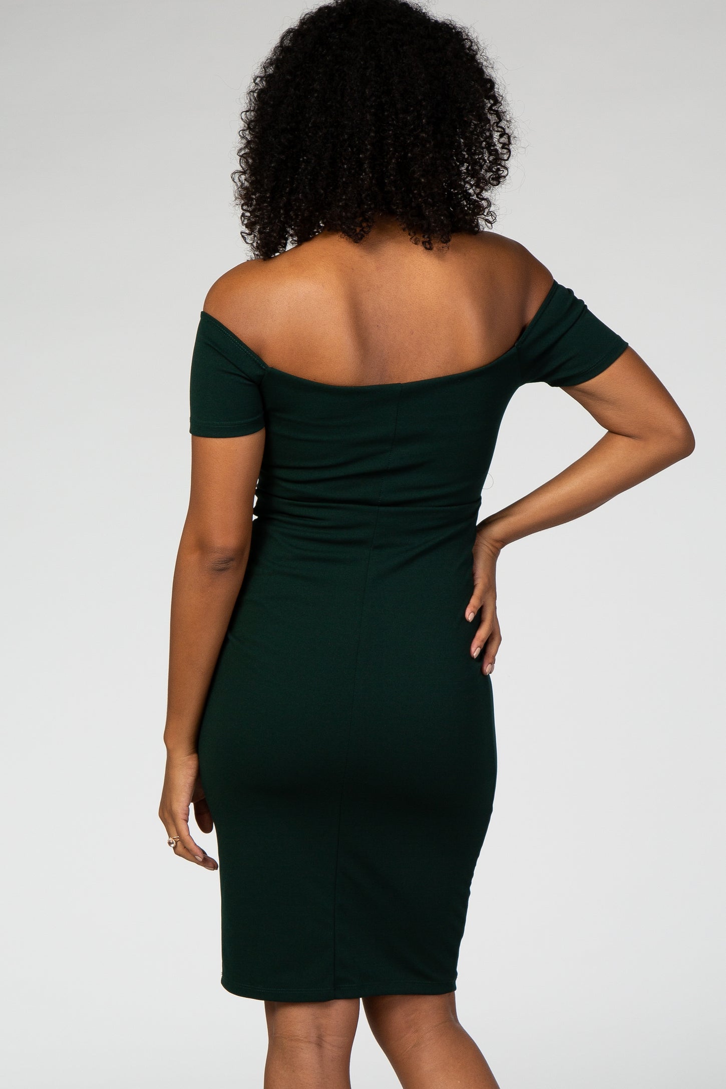 PinkBlush Forest Green Solid Off Shoulder Maternity Fitted Dress