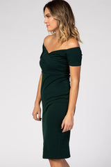 PinkBlush Forest Green Solid Off Shoulder Fitted Dress