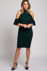 PinkBlush Forest Green Cold Shoulder Ruffle Detail High Neck Fitted Maternity Dress