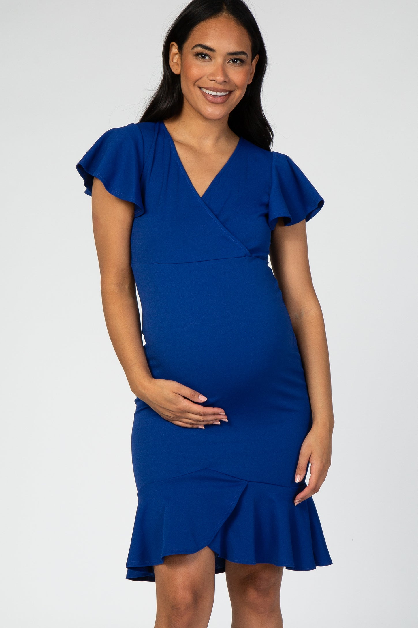 Royal Blue Ruffle Accent Fitted Maternity Wrap Dress– PinkBlush