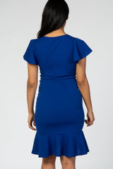 Royal Blue Ruffle Accent Fitted Maternity Wrap Dress