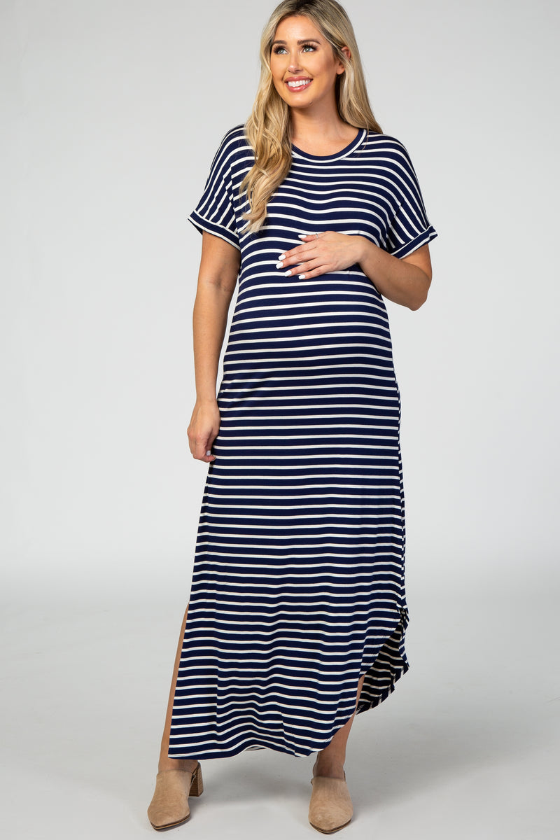 Navy Striped Short Sleeve Side Slit Maternity Maxi Dress– PinkBlush