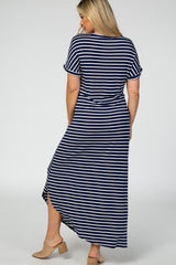 Navy Striped Short Sleeve Side Slit Maternity Maxi Dress