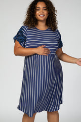 Blue  Short Sleeve Crew Neck Maternity Plus Dress