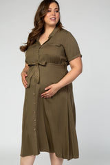 Olive Button Front Collared Plus Maternity Midi Dress
