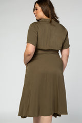 Olive Button Front Collared Plus Maternity Midi Dress