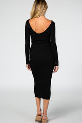Black V-Neck Long Sleeve Fitted Maternity Maxi Dress