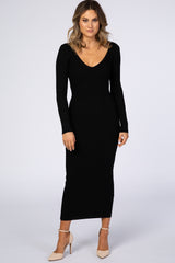Black V-Neck Long Sleeve Fitted Maxi Dress