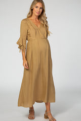Camel Bell Sleeve Wrap Maternity Maxi Dress