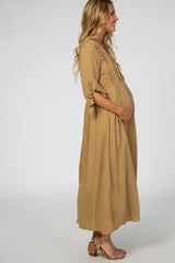 Camel Bell Sleeve Wrap Maternity Maxi Dress