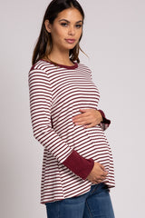 Red Striped Colorblock Zipper Sleeve Maternity Top