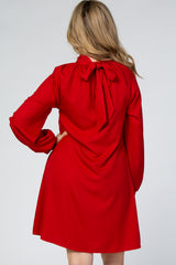 Red Mock Neck Tie Back Long Sleeve Dress