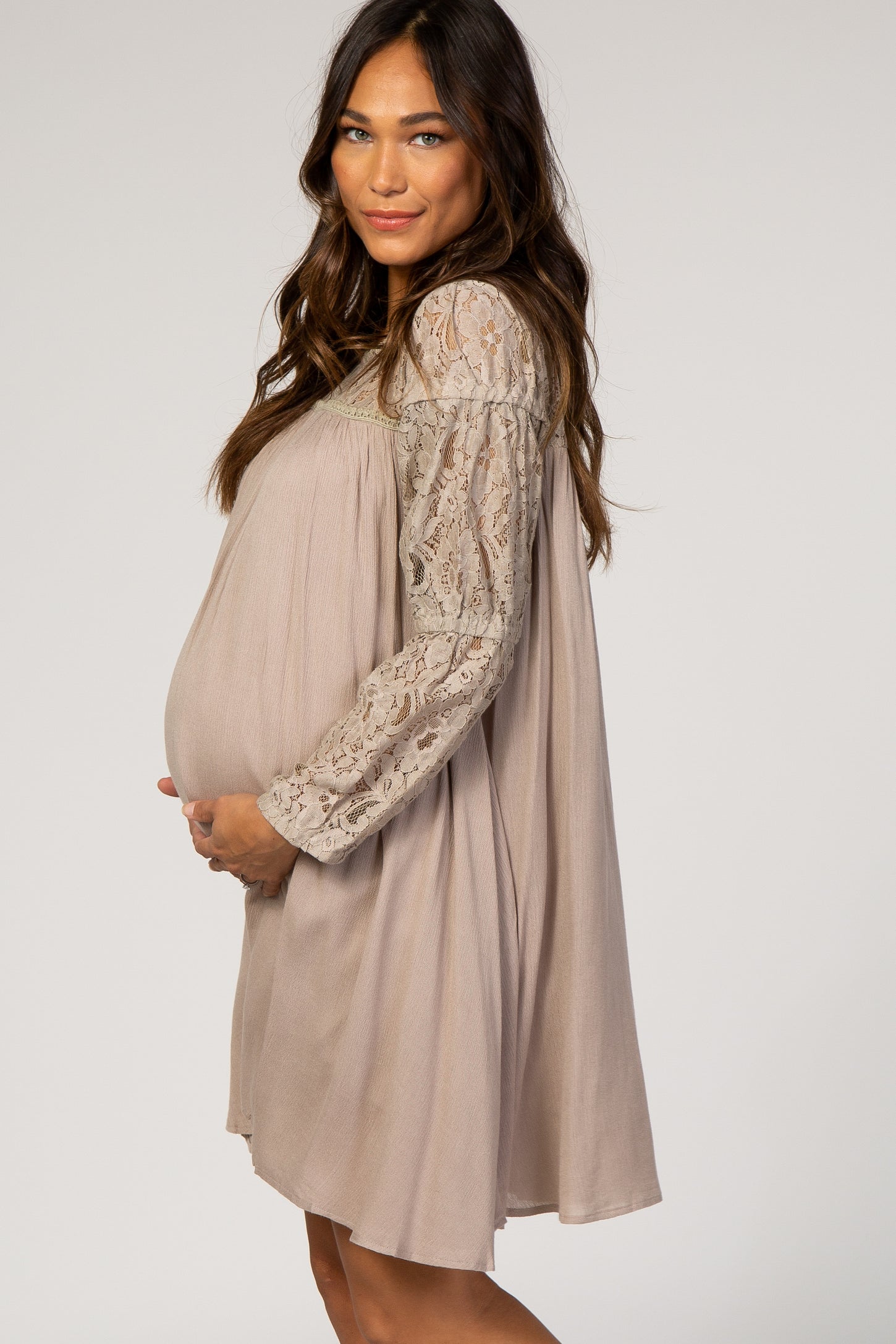 Taupe Long Sleeve Lace Keyhole Back Maternity Dress