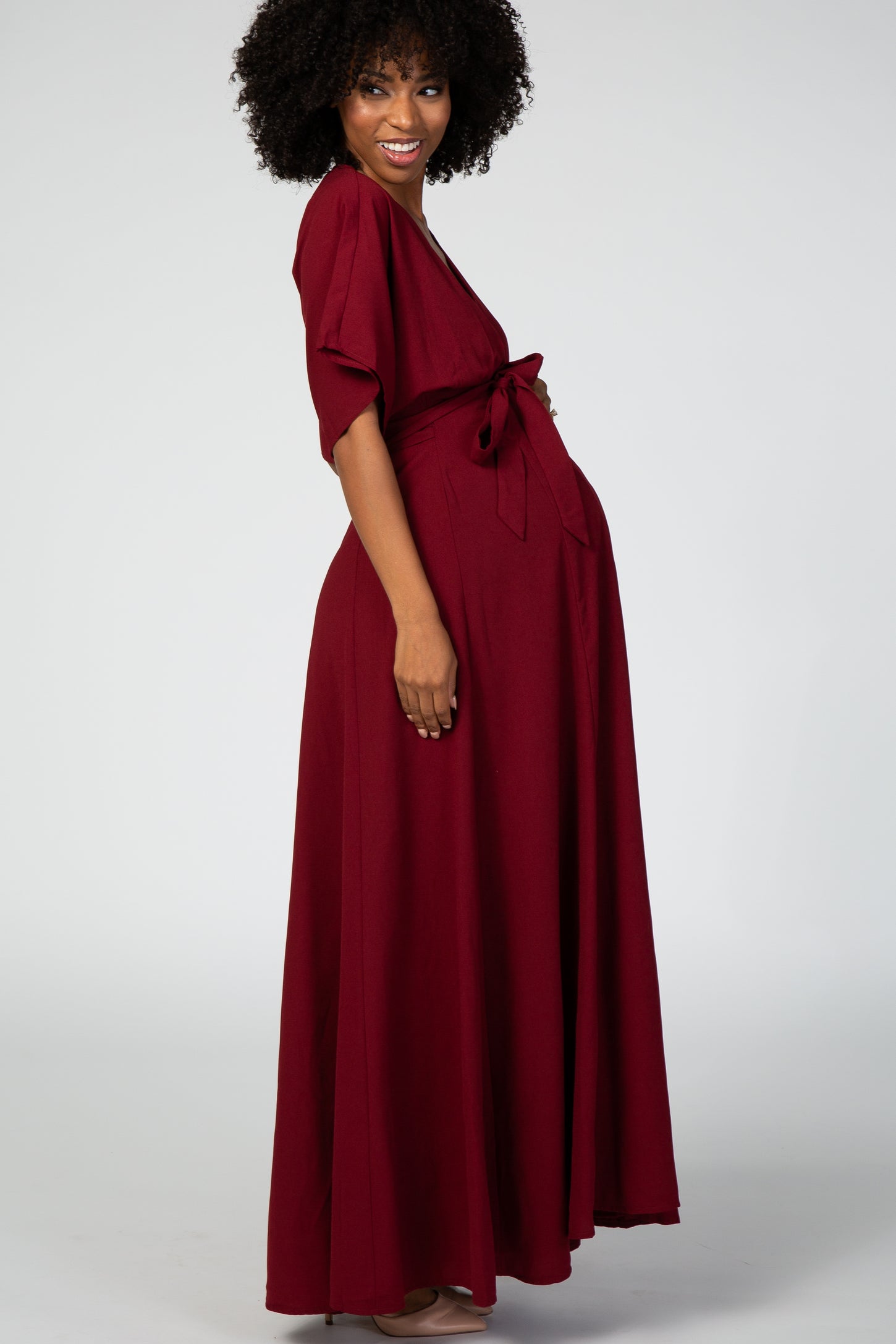 Burgundy Wrap Tie Pleated Maternity Maxi Dress