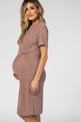 Mauve Short Sleeve Knotted Midi Maternity T-Shirt Dress